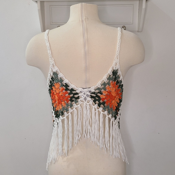 VIVID White Orange & Green Diamond Print Crochet High-Lo Fringe Tank Top Jr L - Picture 10 of 10